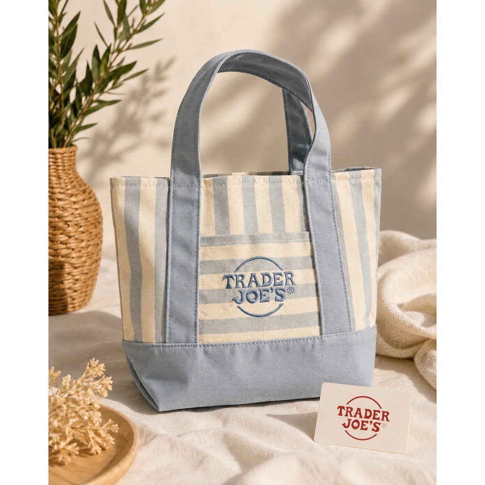 Trader Joe's Mini Canvas Tote Bag Blue White Striped Small Grocery Handbag